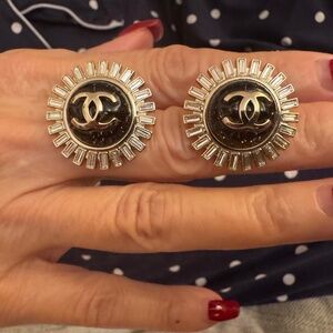 Limited Edition Rare Chanel CC Crystal Embellished Black & Gold Plated Earrings